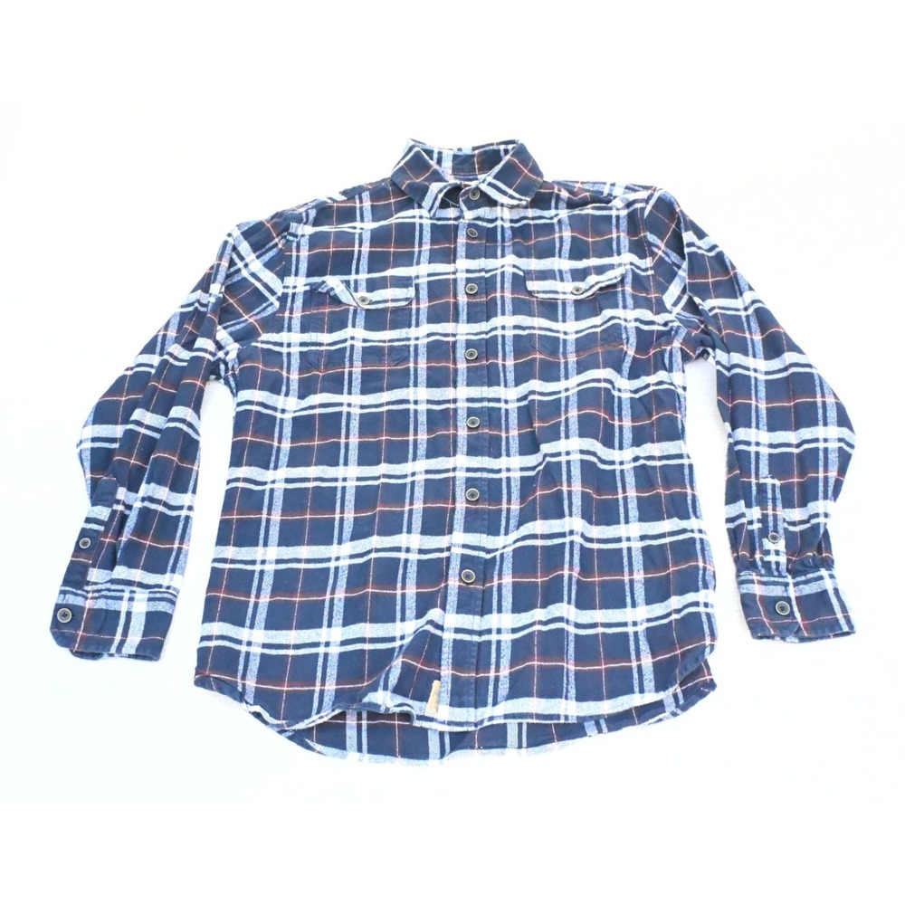 JACHS Mens Flannel Shirt Navy Plaid Button Up Two Flap Pockets Shirttail Hem